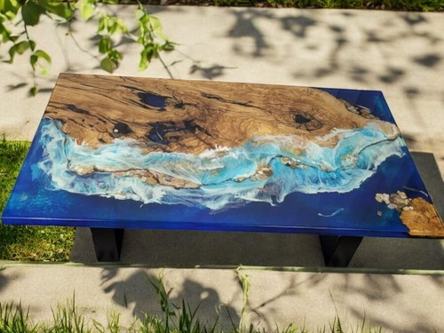 Ocean Wave Epoxy Resin Hallway Centerpiece Live Edge Acacia Wood Dining Tabletop - Picture 6 of 10