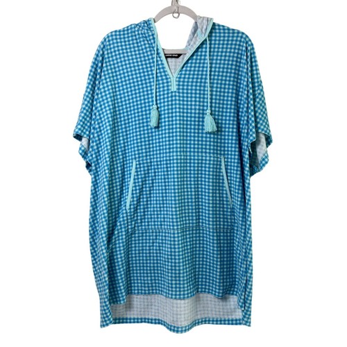 Lands End Terry Hooded Swim Cover Up Dress Women L XL Blue Gingham Pocket Tassel