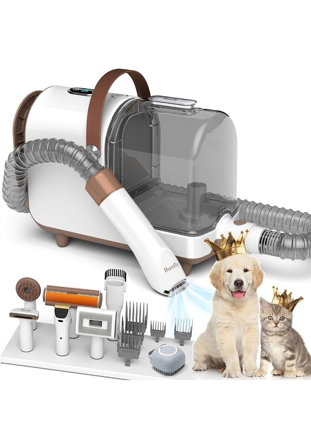 Bunfly Dog Grooming Kit & Vacuum Suction 99 Pet Hair, 7 Tools Clippers