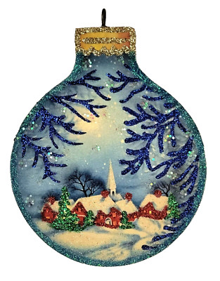 BLUE BAUBLE w SNOWY CHURCH VILLAGE SCENE  * Glitter CHRISTMAS ORNAMENT * Vtg Img