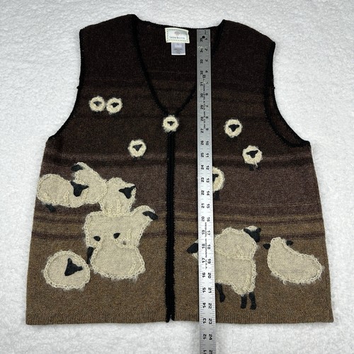 VTG 1999 Susan Bristol Sheep Sweater Vest Shetland Wool Large Brown Lambs *Holes - Afbeelding 12 van 14