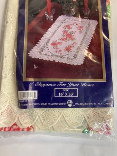 Better Home Printed Vinyl Table Scarf Doily Runner 16x33" Red Flowers - Picture 2 of 3