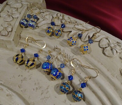 Cloisonne earrings in six blue variations of artful design