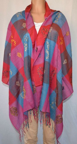 Palla Natural Embroidered Floral/Checked Fringe Edges Rectangular Scarf/Shaw - 第 1/5 張圖片