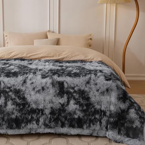 Ultra Soft Faux Fur Twin Blanket – Fuzzy Fluffy Cozy 60"x80" Tie Dye Grey - Bild 4 von 6