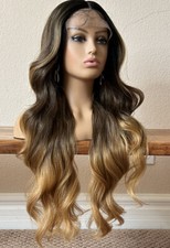 Honey Blonde Ombr  Wig Wavy Layered Lace Front Middle Part 26 Inch Long Heat Ok