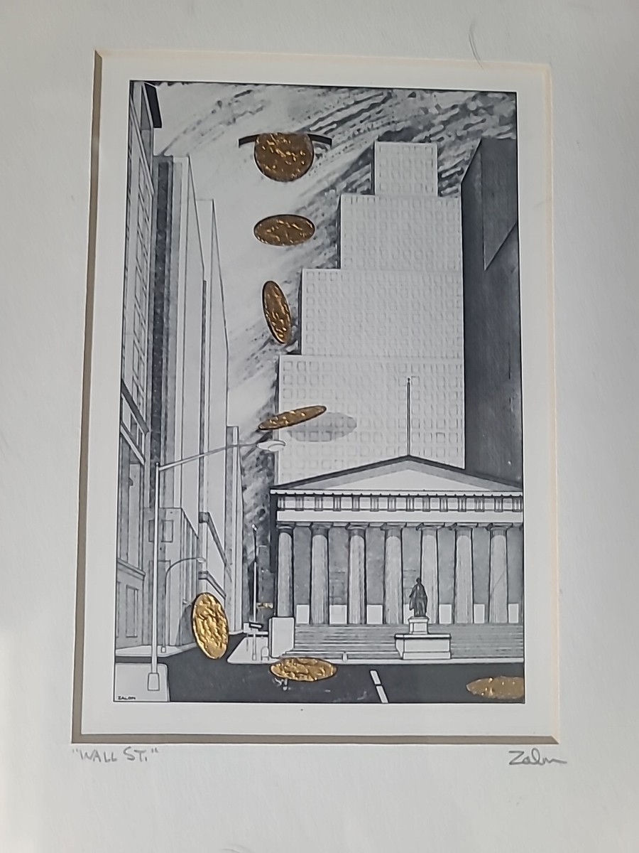 PIERRE BERNARD アート本 Bernard Zalon Wall Street Etching Embossed Signed 4x6 Print /9x11