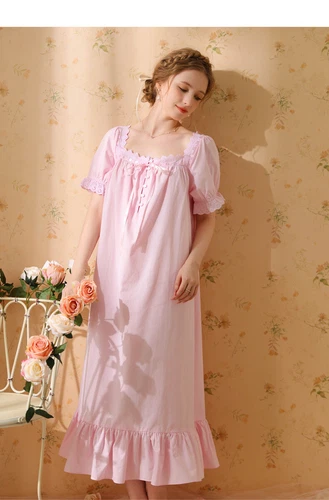 Damen Baumwolle Nachthemd Kurzarm eckiger Ausschnitt Pyjama Schlafkleid - Bild 15 von 34