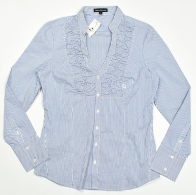 Express Design Studio Womens L Blue White Stripe Ruffle V-Neck Blouse Top NWT