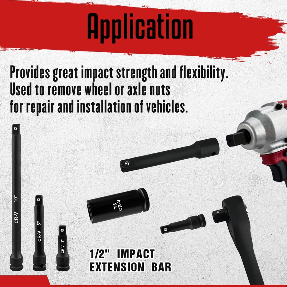 29 Piece 1/2" Drive Impact Socket Set Deep Socket with Extension Bar Cr-V Steel - Image 4 of 4