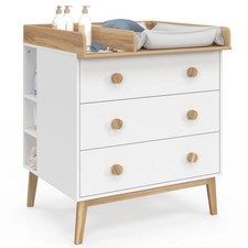 Commode à langer JACOB blanc et bois 3 tiroirs, table à langer amovible et 2 éta