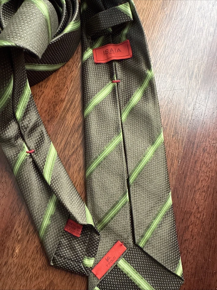 LNWOT  Recent Green Striped Isaia 7-fold Silk Tie Made in Italy - Image 3 of 4