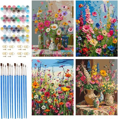 4 Packs Paint by Numbers Kit for Adults - Adult Paint by Number Kits, Flowers Pa