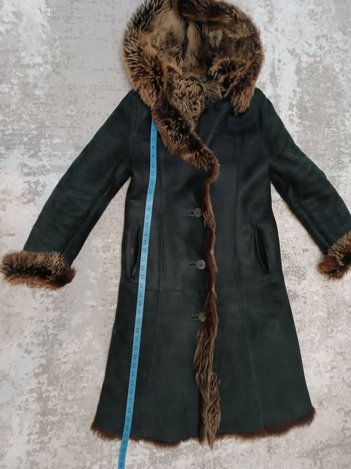 Toscana black suede shearling sheepskin winter Coat with Real Fur Trim syze M-L