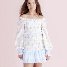 LoveShackFancy Target Girls Smocked Floral Dress Off Shoulder Blue White Size 7