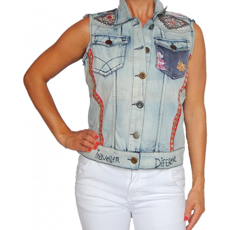 Desigual CHAIL ALOHA EXOTIC Denim Detailed Embroidered Vest  Sz 40 USA 6 $159