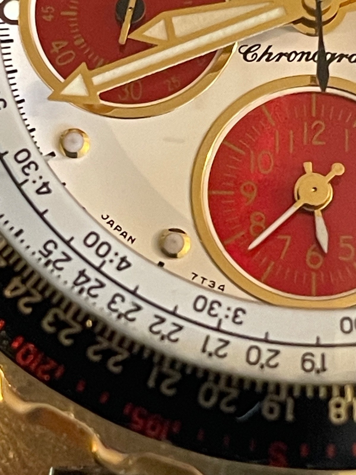 Seiko Flightmaster Alarm Chronograph 7T34-6A0H Japan Men’s Watch Gold Tone Red P image 5