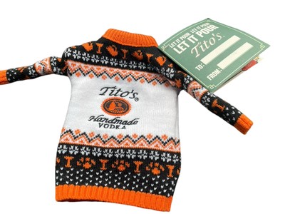 Tito's Handmade Vodka Gift Bottle Sweater NEW Orange Black White Dog Lovers