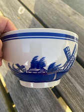 Blue & White Ceramic Bowl, Windmill Pattern, Round Glossy Finish