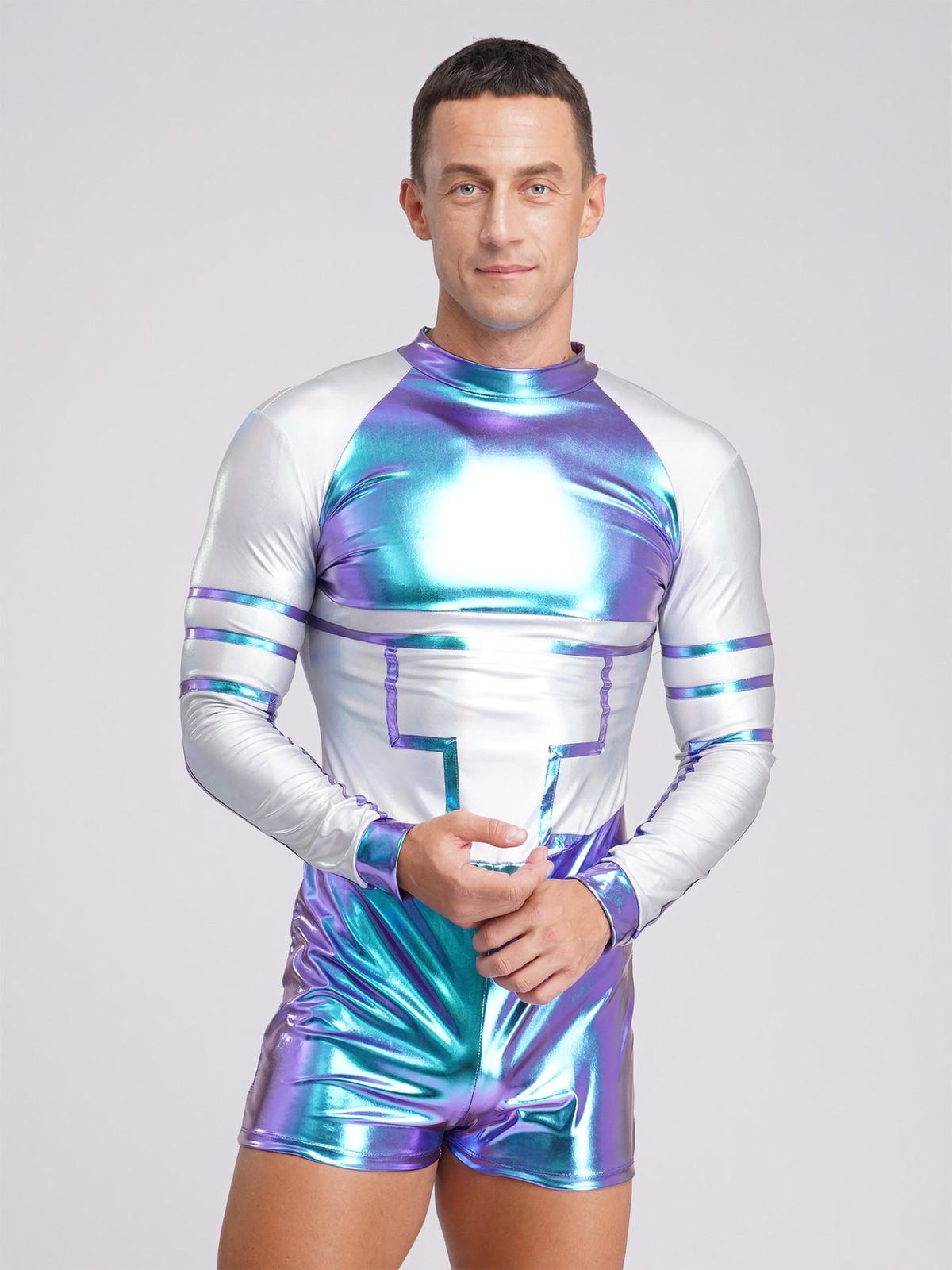 Mens Cospaly Shiny Outfits Romper Outerspace Role Play Astronaut Masquerade