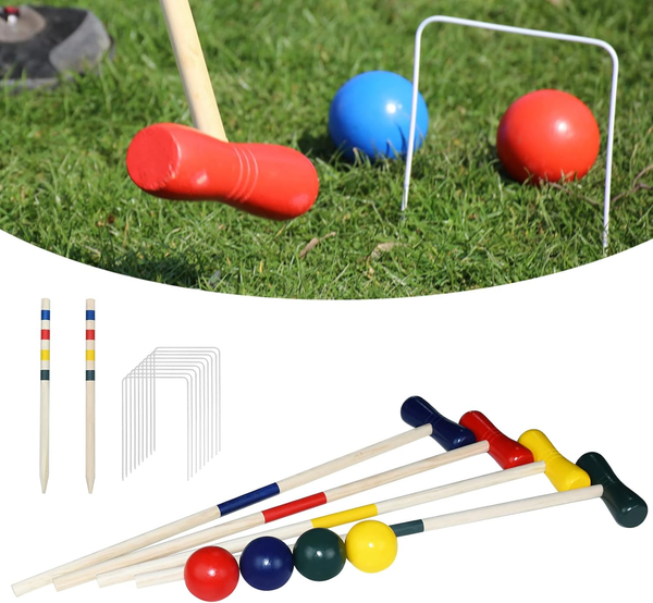 Krocket Spiel Holz 4 Spieler, Croquet Komplettset, Gartenspiel Kinder Erwachsene-image