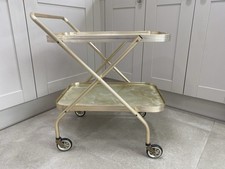 Vintage MCM Brass Effect Folding Drinks Trolley With Marble Effect Shelves VGC