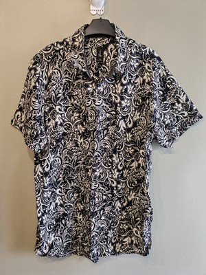 Howe Herren schwarz weiß Blumen Hemd Large Kurzarm Knopfleiste Baumwolle Hawaii 