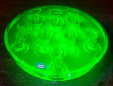 VTG Vaseline Uranium Glass 11 Hole Flower Frog 3" UV Glowing 3.25" Depression