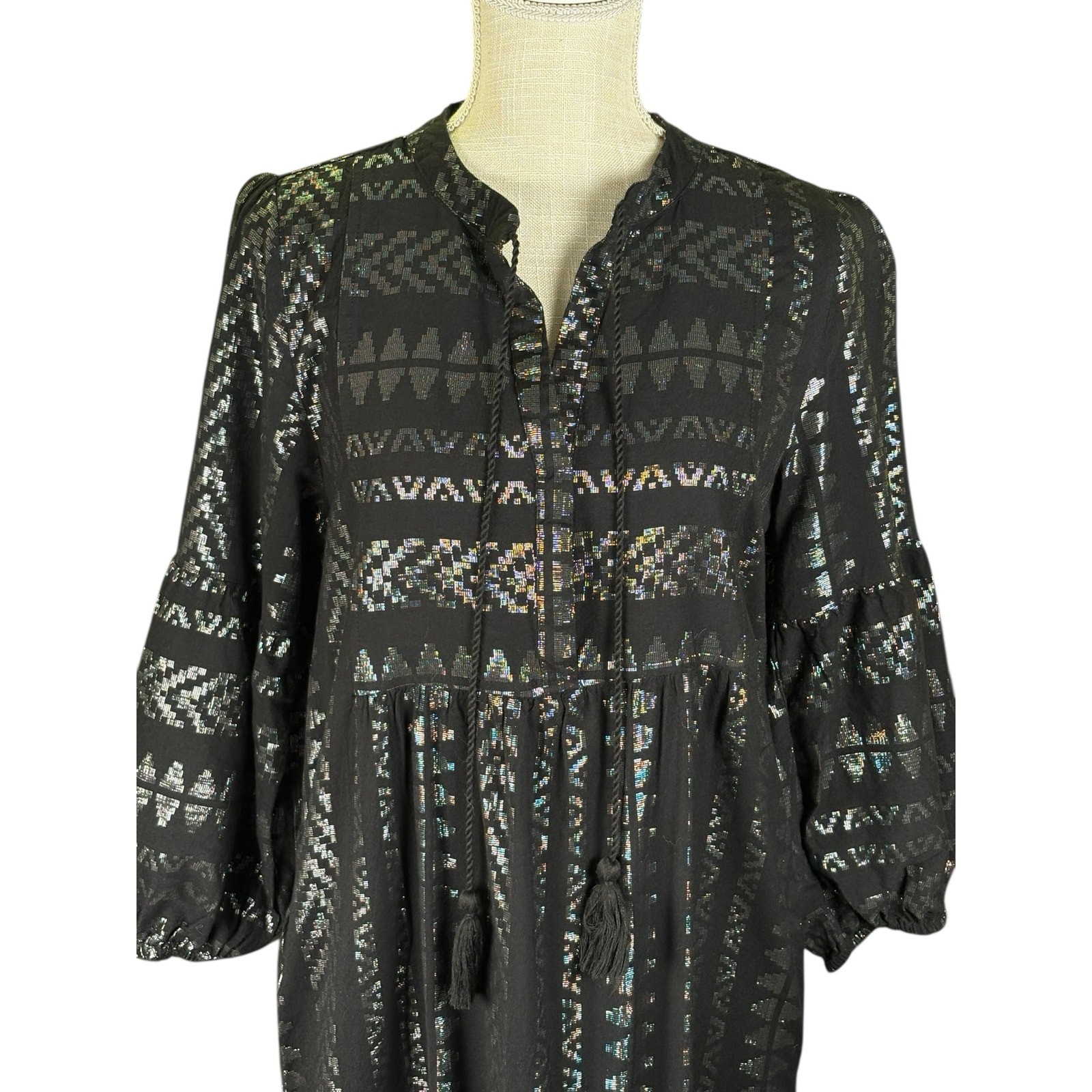 Elan Costas Kaftan Midi Dress Women's L Black Metallic Whimsygoth Boho Ethereal 