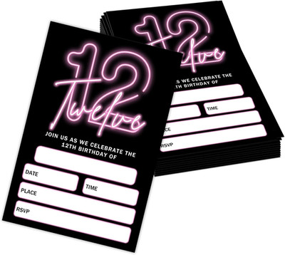 4''X6'' 12Th Birthday Party Invitation Cards with Envelopes Set of 20, Pink Neon T