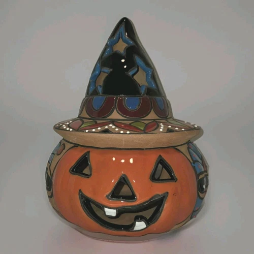 Talavera Pottery Pumpkin Halloween Jack O Lantern Candle Hand Painted Folk Art
