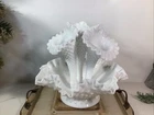 Vintage Fenton White Milk Glass 3 Trumpet Horn Hobnail Epergne Ruffled Bowl~NICE