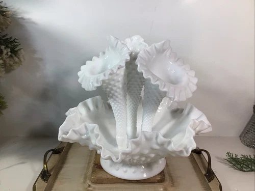 Vintage Fenton White Milk Glass 3 Trumpet Horn Hobnail Epergne Ruffled Bowl~NICE