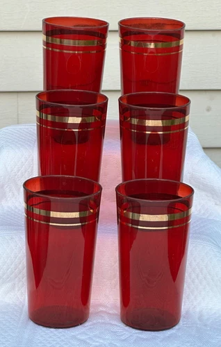 Vintage SET of 5 BLOOD RED Royal Ruby w/Gold Glass 10 Oz TUMBLER GLASSES 1940's