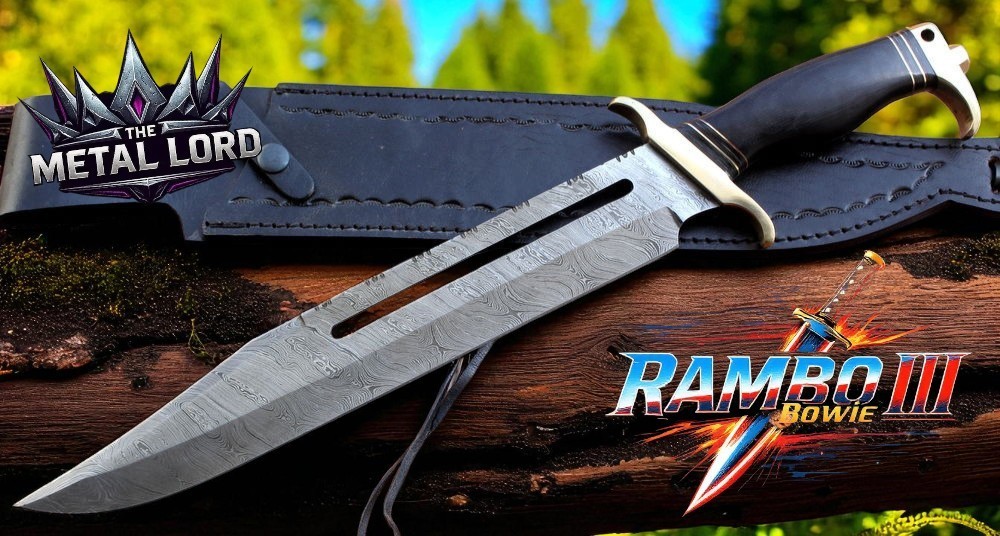 Handmade Rambo III Damascus Steel Bowie Survival Knife