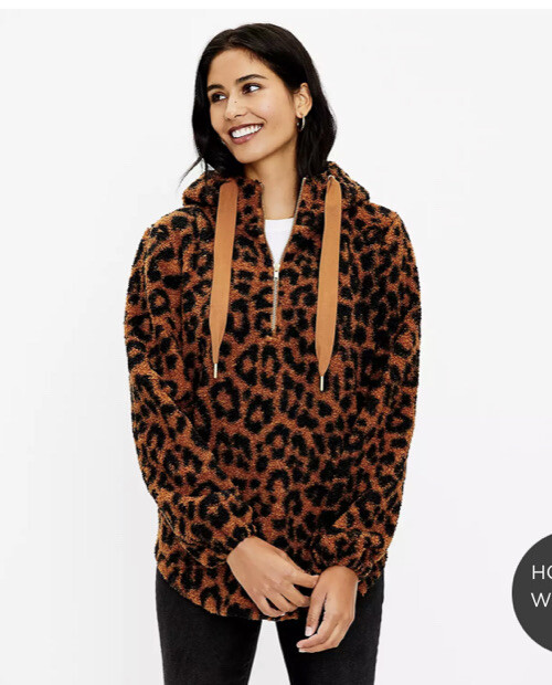 NWT LOFT Women s Leopard Print Sherpa Hoodie Auburn Size Large eBay