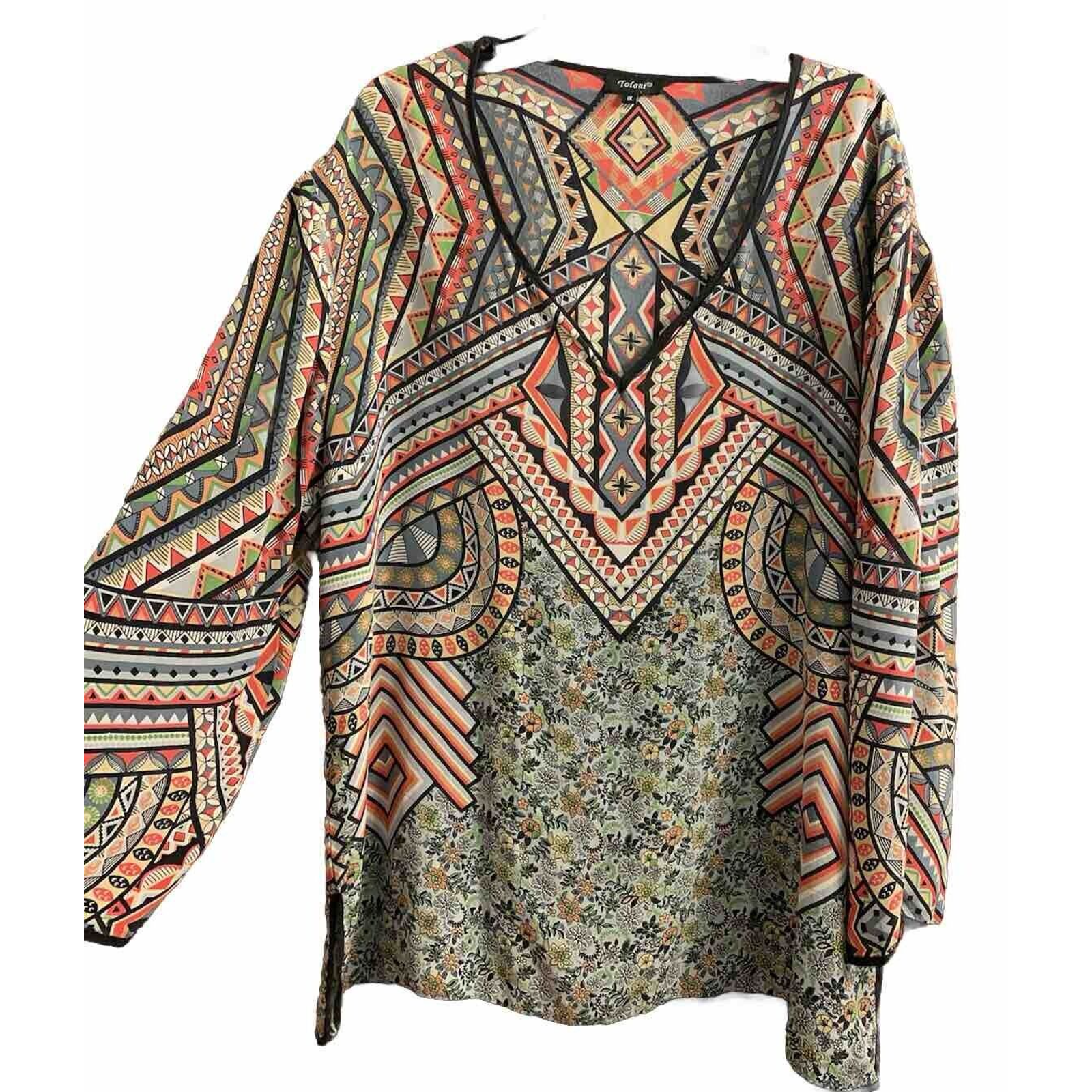 Tolani Silk Blouse 1X Womens top Art Deco Semi Sheer Lightweight Artsy Office