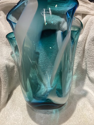 Royal Gallery Poland Teal Vase Handkerchief Ruffle Hand Blown Glass Lg Vase 12" - Picture 4 of 24