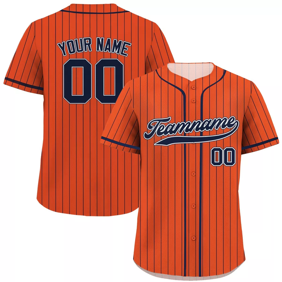 Printed Custom Orange Navy Pinstripe Baseball Jersey with Teamname