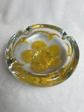 Vintage Glass Heavy Ashtray Barware Round Clear Yellow Floral 5.5” Diameter
