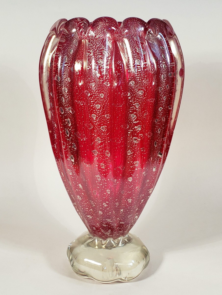 BIG VINTAGE MURANO ITALIAN ART FOOTED RED GLASS VASE SILVER