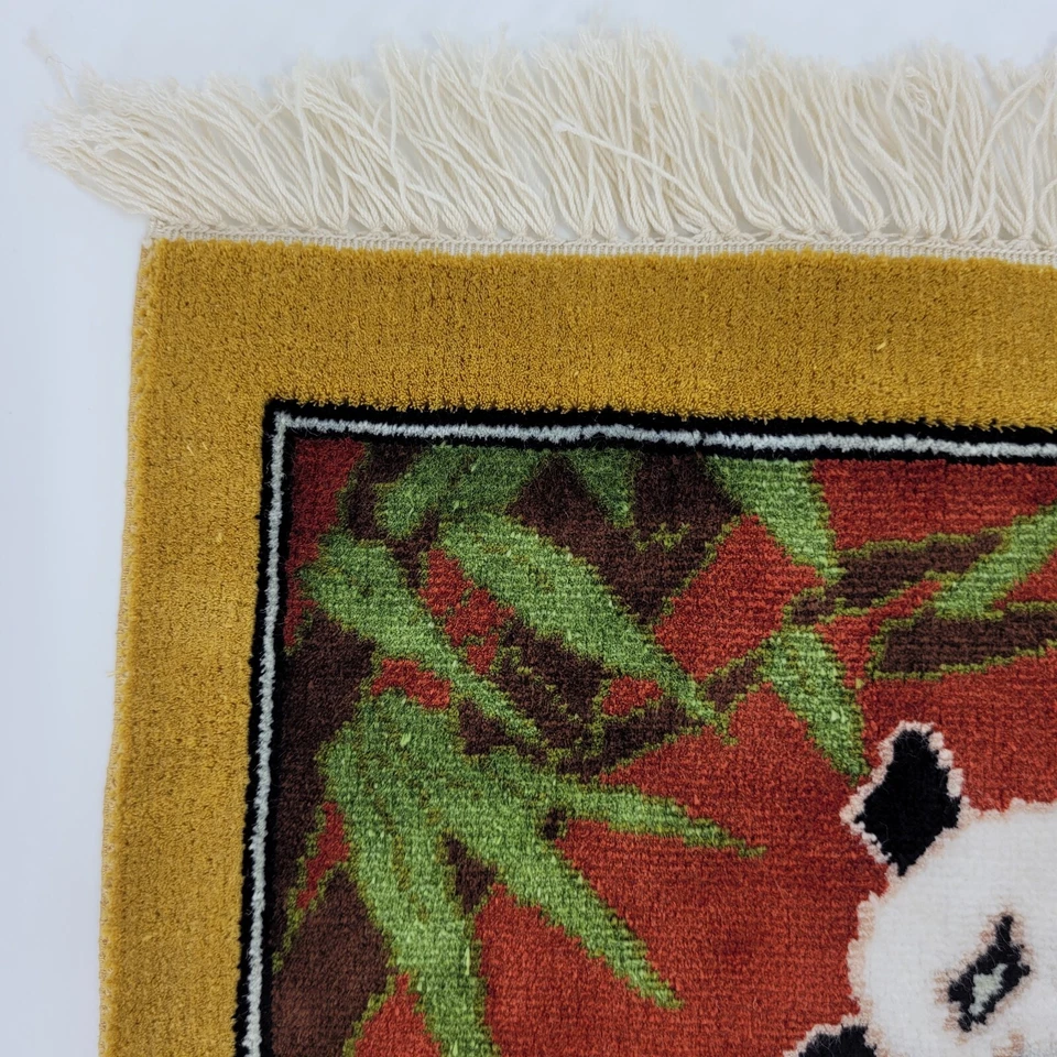 Wall Hanging Rug Tabletop Doll House Hand Knotted Panda Bear Bamboo Fringe 12x12 - Image 4 of 4