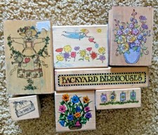 Lot of 7 Gardening/Floral Themed Rubber Stamps - Flowers Scarecrow Garden Signs