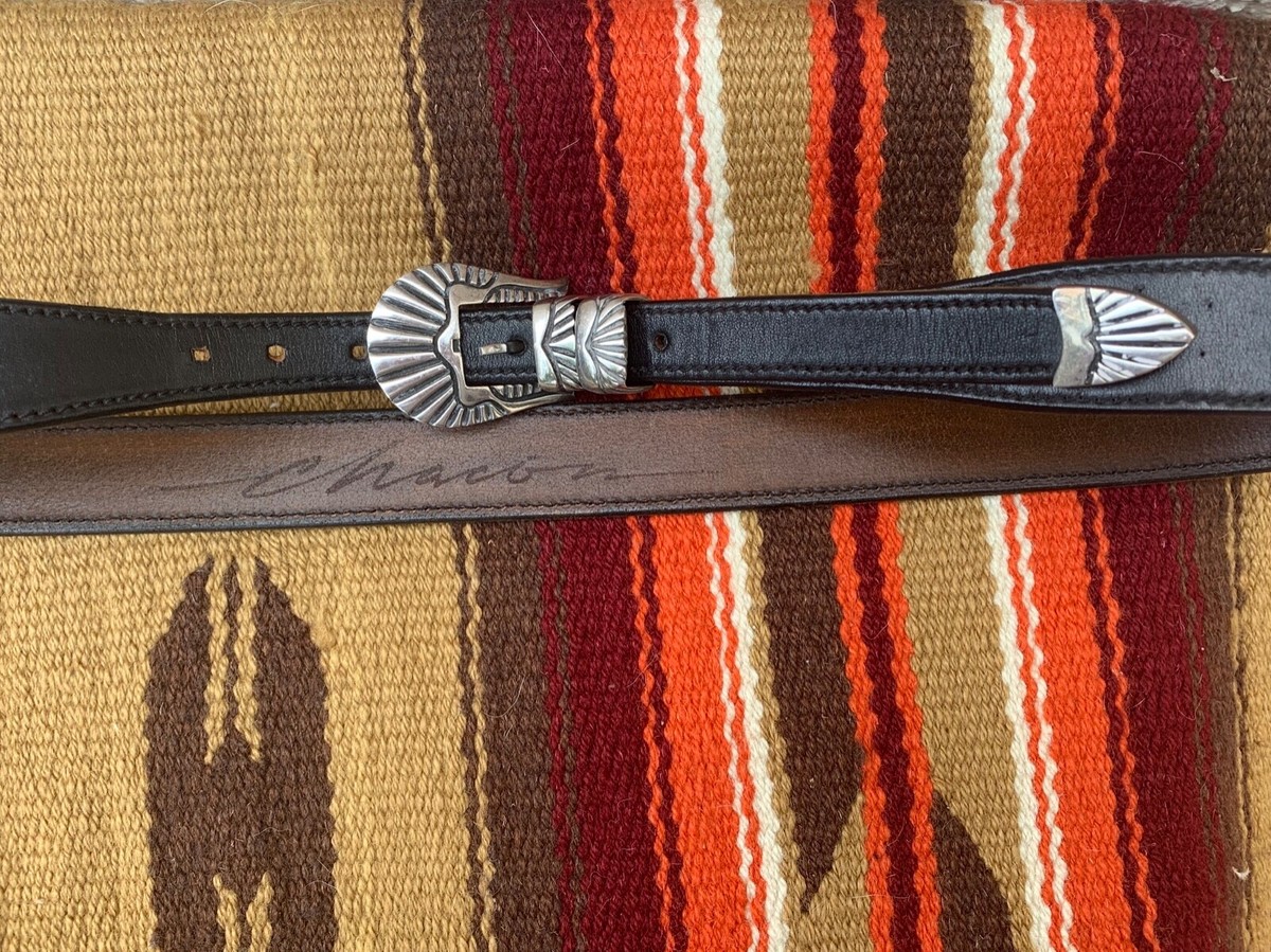 VTG CHACON BLACK LEATHER BELT W/ STERLING SILVER 4PC BUCKLE  display picture 3