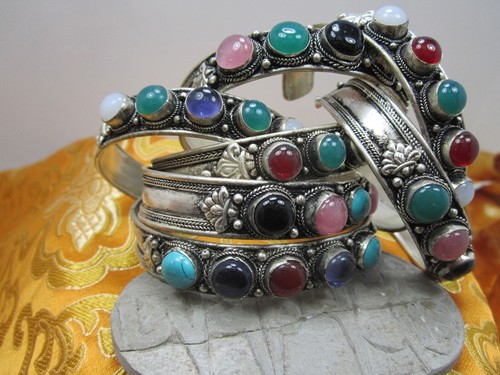 USA Seller Unisex Unique 1/2" Wide 5 Colored Stones Cuff Bracelet Nepal - Picture 11 of 13