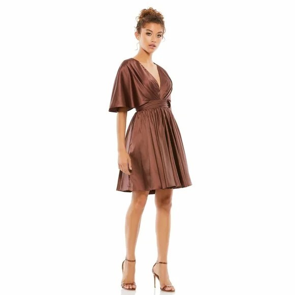 satin flowy mini dress Mac Duggal - Cape Sleeve - FINAL SALE week5021