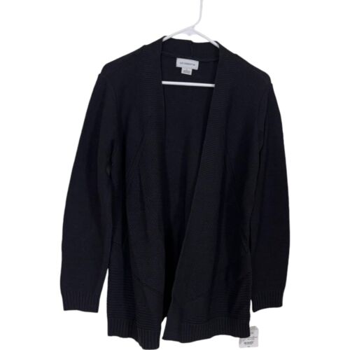 Liz Claiborne Womens Sweaters Large Black Cardigan Ribbed Knit Open Front NWT
