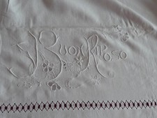 Antico lenzuolo in lino antico  ricami Buon Riposo