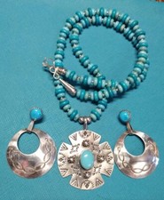 STERLING SILVER NAVAJO VINTAGE TURQUOISE CONCHO NECKLACE EARRINGS Sgn N 62.8 Gr