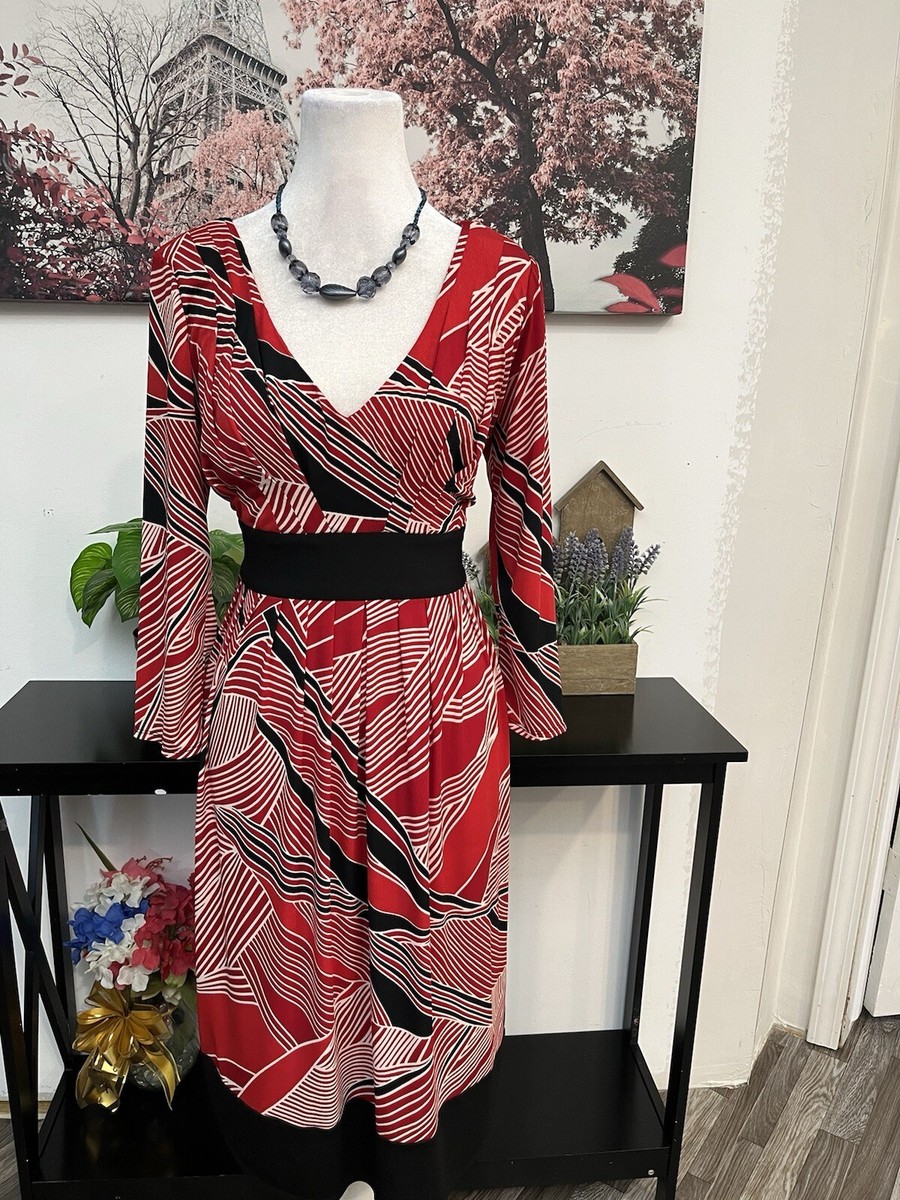 LIZ Claiborne Womens A Line Pleated Striped Dress Size 10 V Neck 3/4 Sleeve
